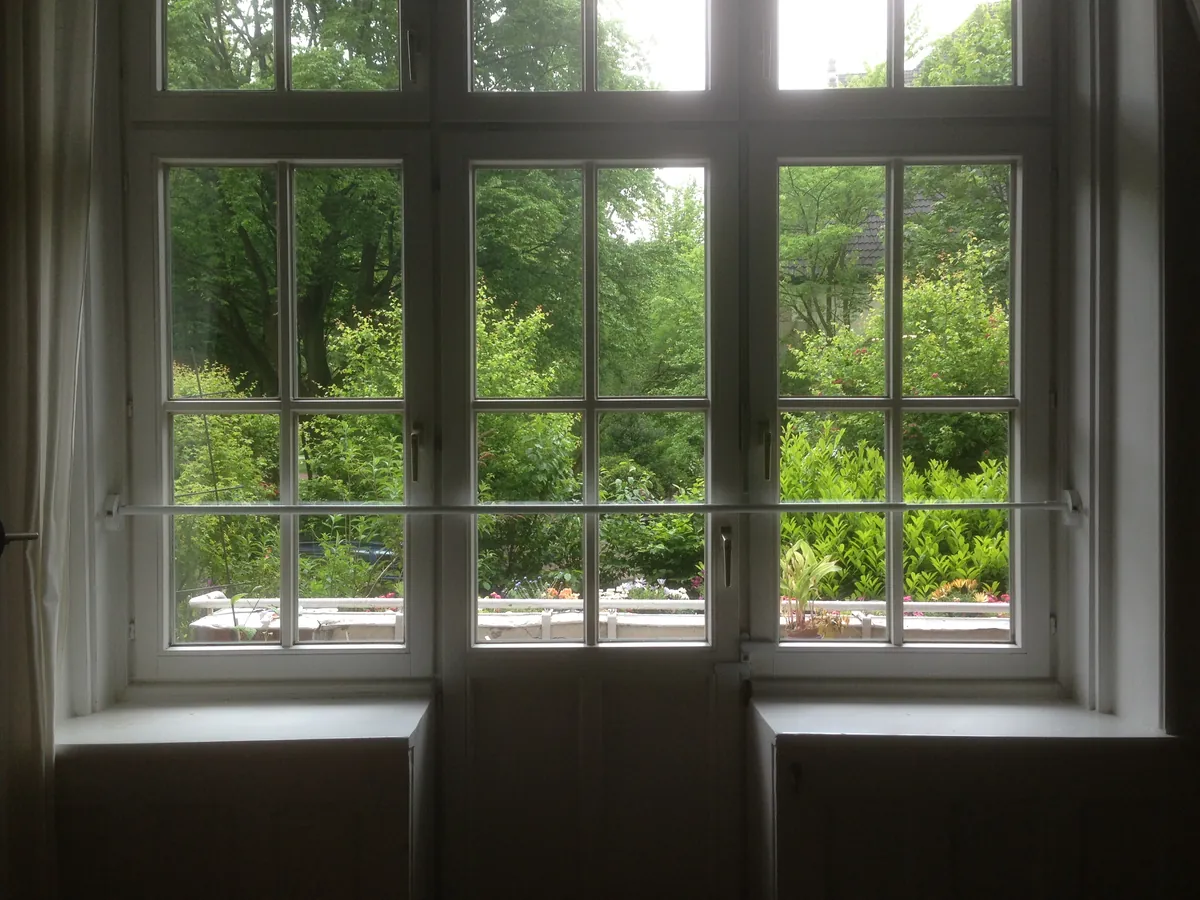 Fenster mit Sprossen und Blick ins Grüne