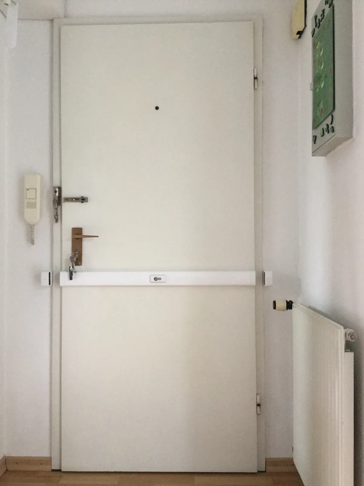 Weiße Wohnungstür mit Panzerriegel auf ganzer Breite, daneben die Gegensprechanlage