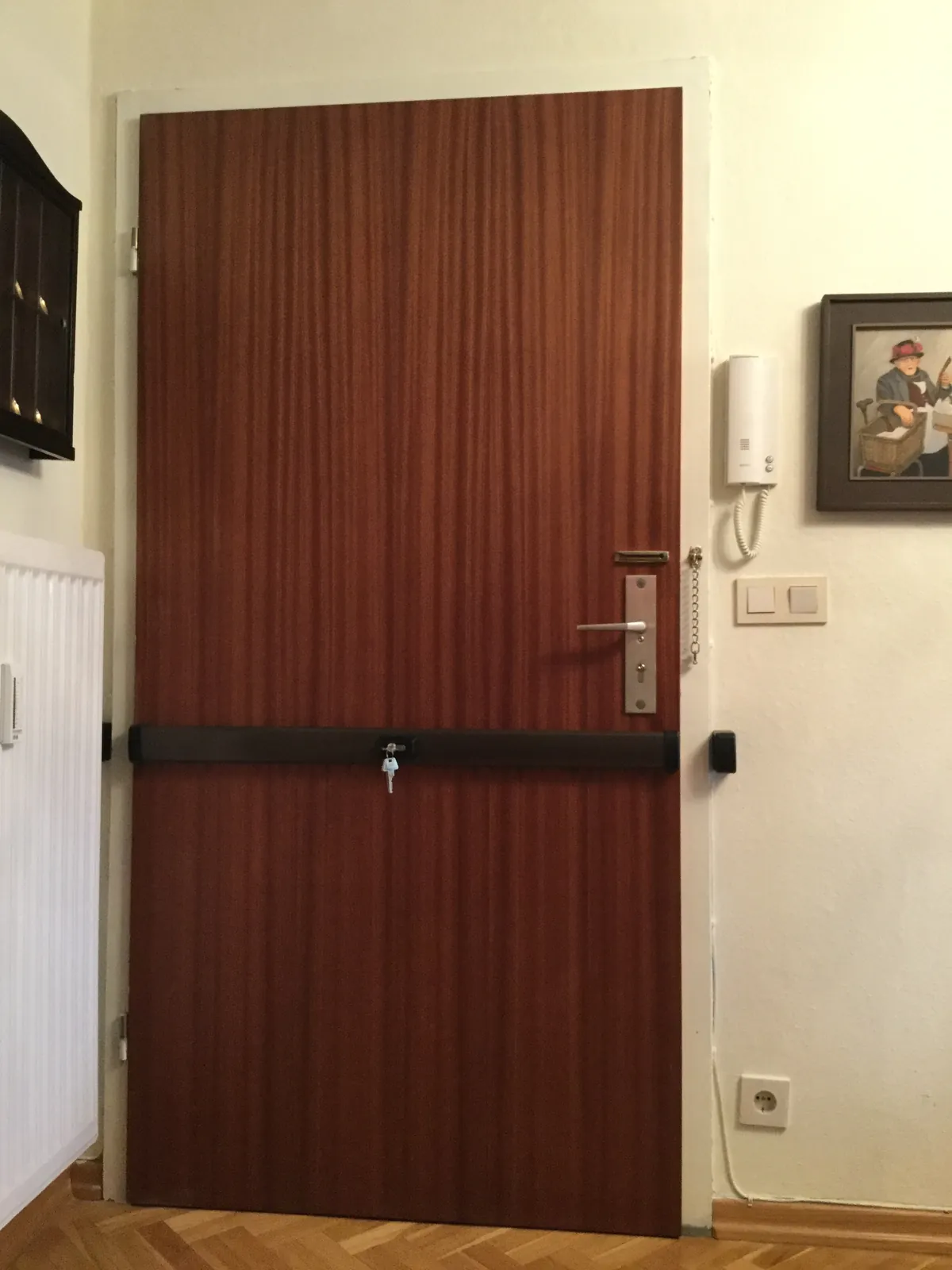 Dunkelbraune Wohnungstür mit schwarzem Panzerriegel